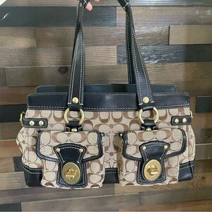 Coach Tan and Black Signature Legacy Satchel bag